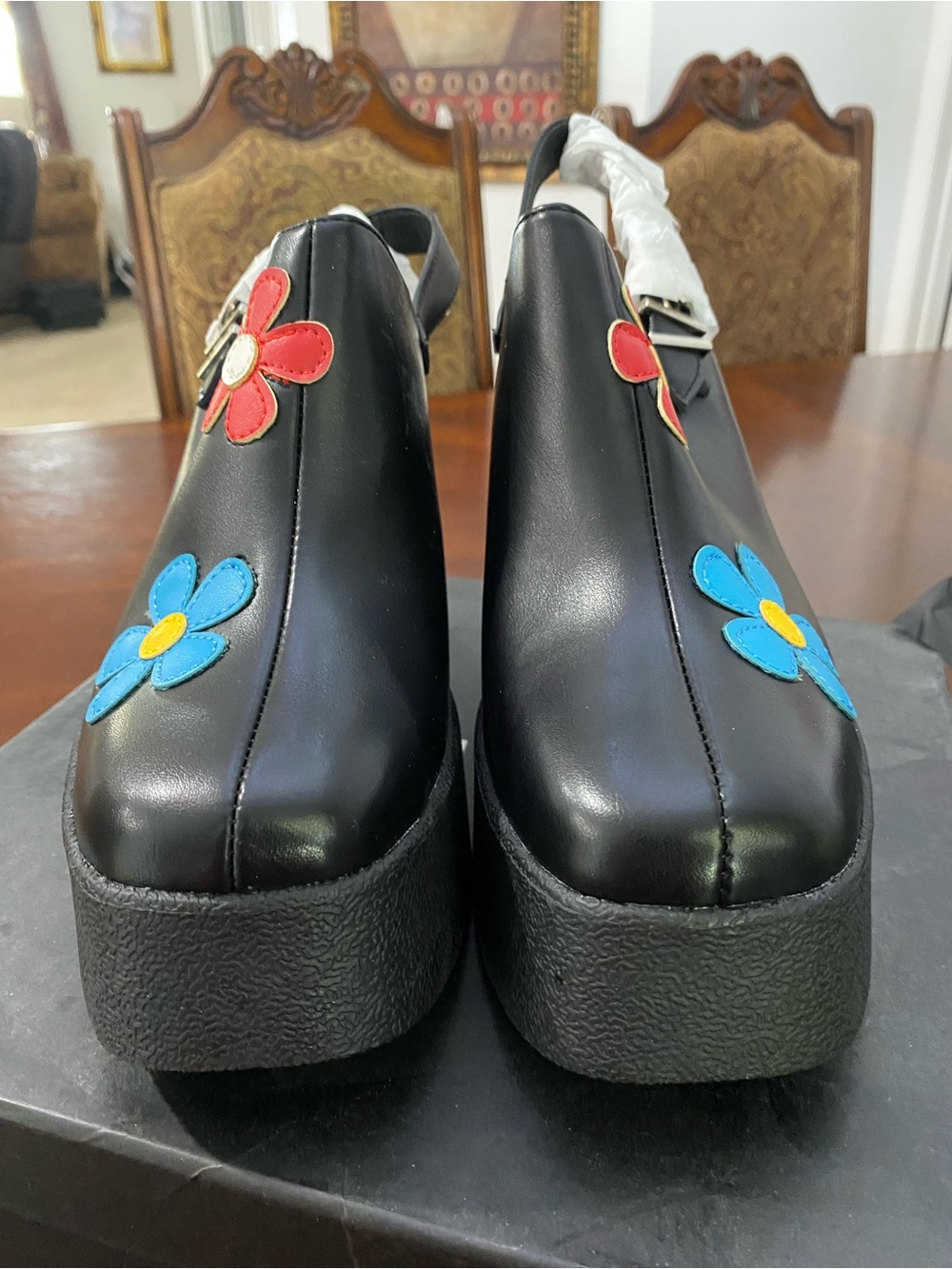 Black Platform Mary Janes with Blue & Red Floral Accents